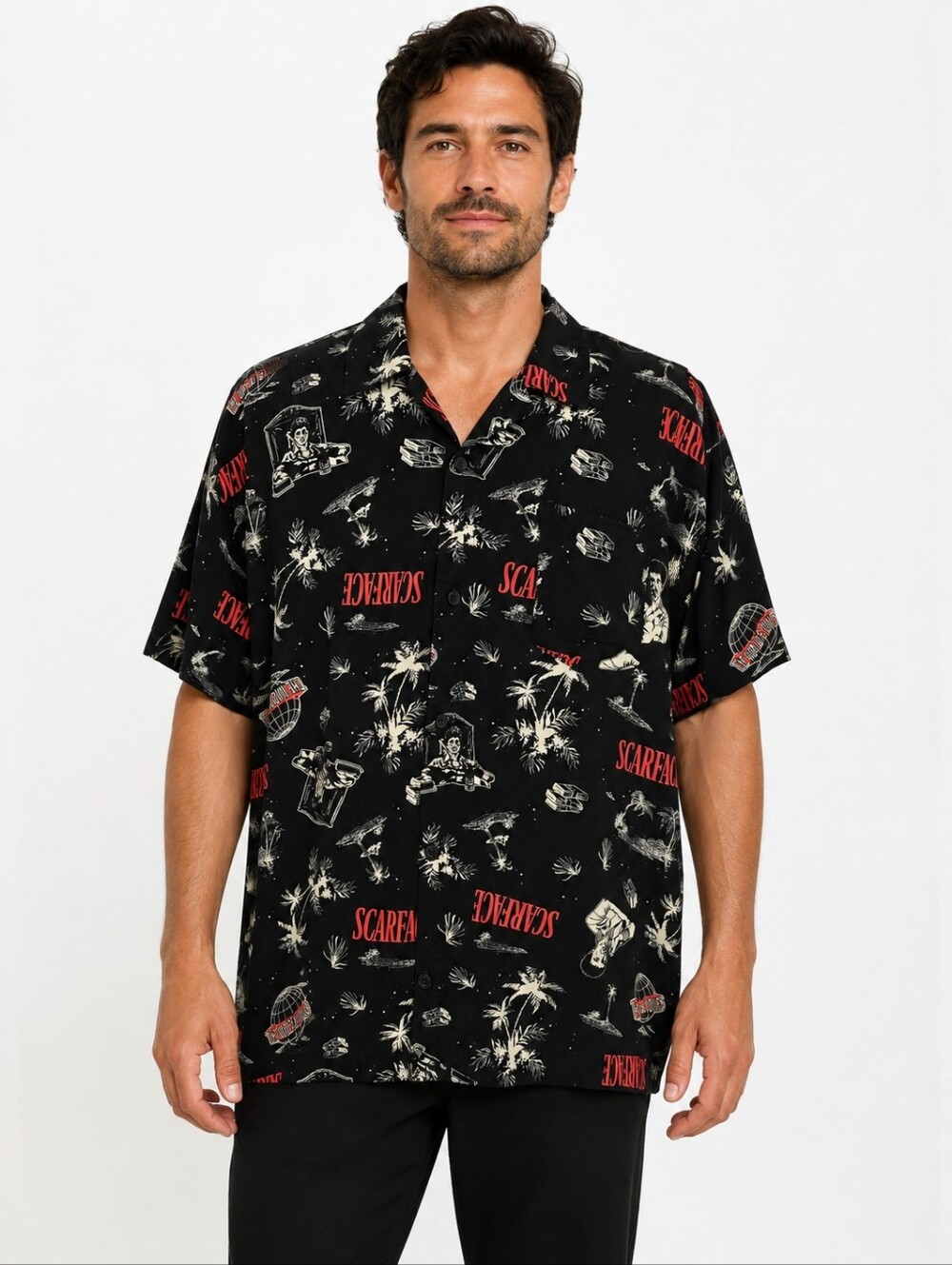 Scarface Hawaiian Camp Shirt 3XL Black Rayon Movie Print Button Front Aloha
